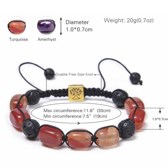 Unisex Red Agate Stone & Black Lava Rock Beaded Adjustable Braided Rope Bracelet - Picture 4 of 6